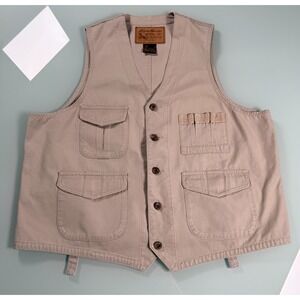 Eddie Bauer Outdoor Outfitter Utility Vest Mens S/P khaki canvas Cotton V-neck